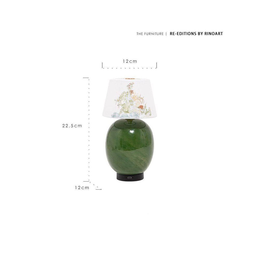 Green lamp with floral lampshade and measurement details on a white background, featuring Rinoart branding.