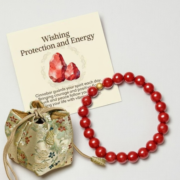 Cinnabar Sterling Silver Bracelet - Protection Energy Blessing Beads with Gift Card