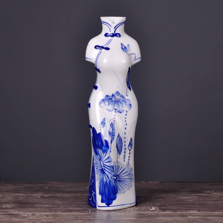 Hand-Painted Blue and White Porcelain Vase | Jingdezhen Qipao Lady Design