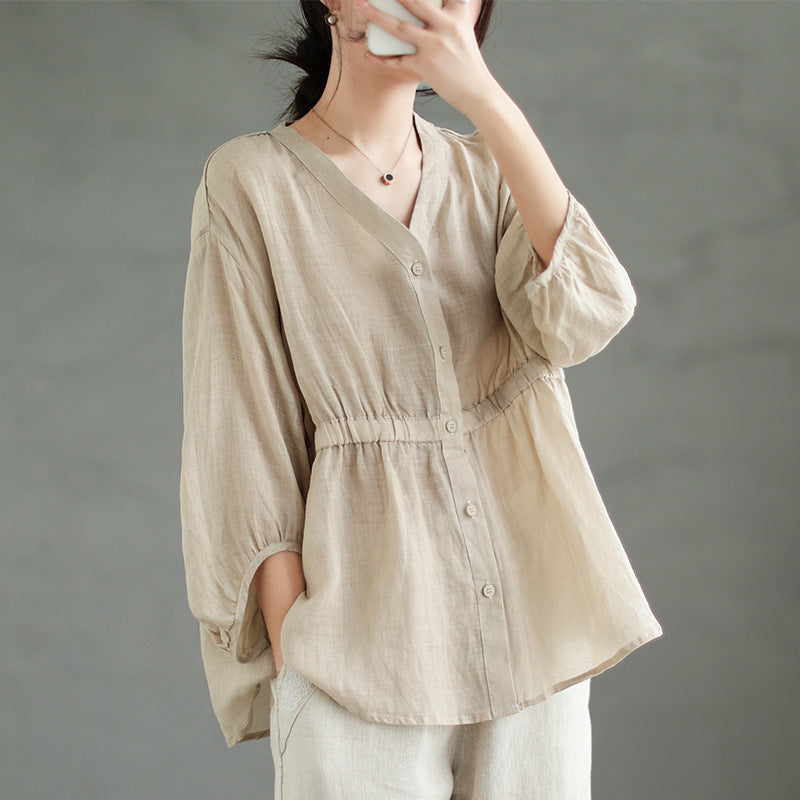 Women's Ramie V-Neck Shirt - Loose Fit Batwing Sleeve Top