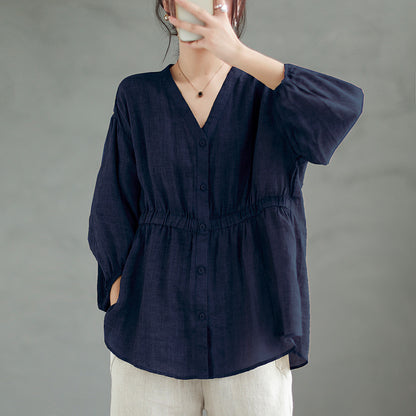 Women's Ramie V-Neck Shirt - Loose Fit Batwing Sleeve Top