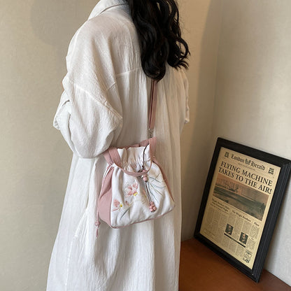 Chinese Style Embroidered Bucket Bag - Traditional Shoulder Bag for Women