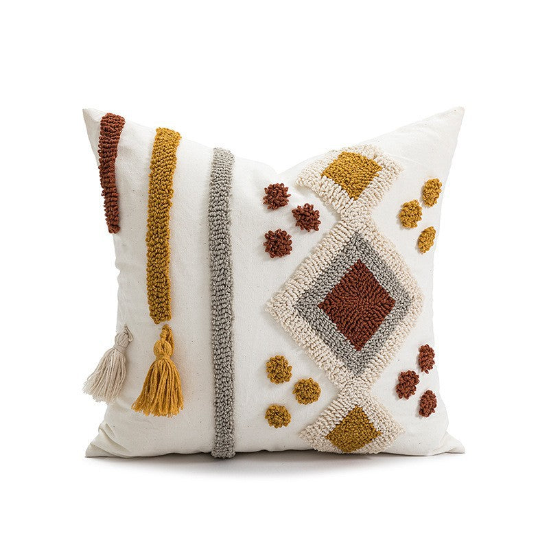 Bohemian Velvet Pillow Cover - Round Embroidered Tassel Cushion