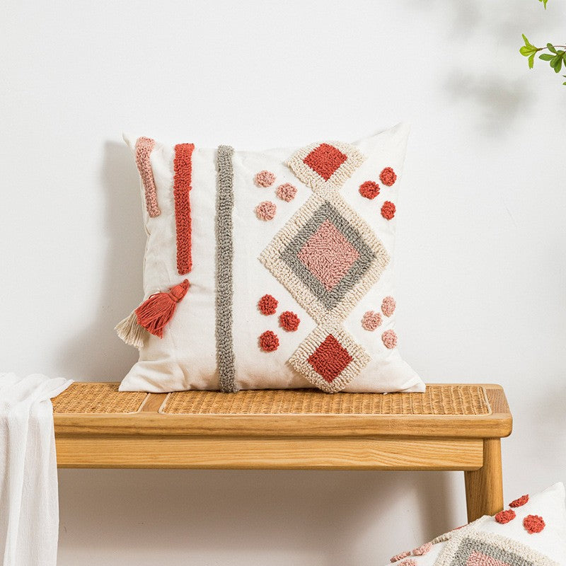 Bohemian Velvet Pillow Cover - Round Embroidered Tassel Cushion