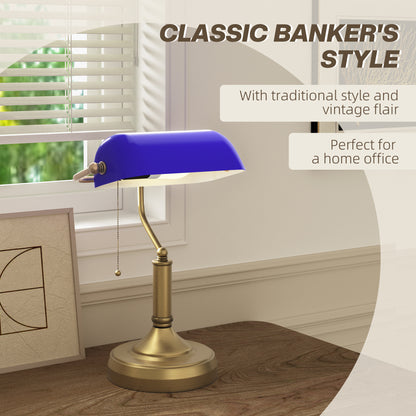 Classic Banker's Desk Lamp - Blue Glass Shade with Brass Base