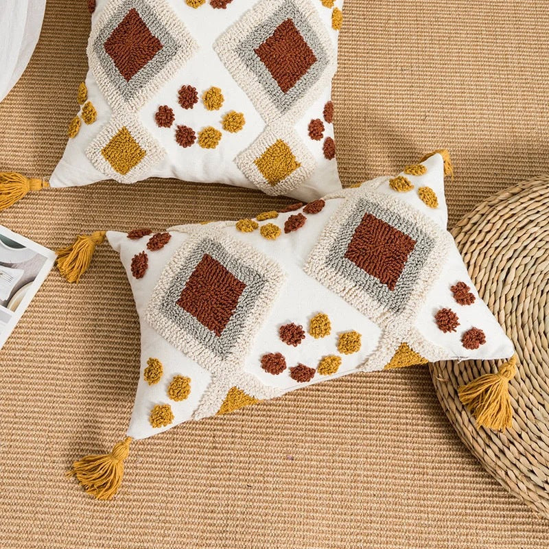 Bohemian Velvet Pillow Cover - Round Embroidered Tassel Cushion