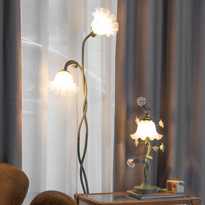 French Pastoral Floor Lamp - Cream Floral Standing Light for Bedroom