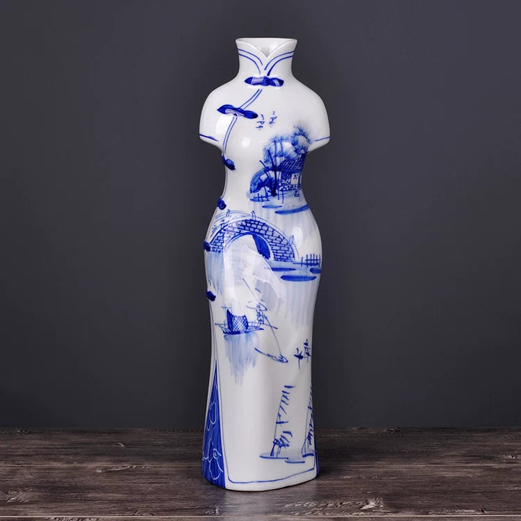 Hand-Painted Blue and White Porcelain Vase | Jingdezhen Qipao Lady Design