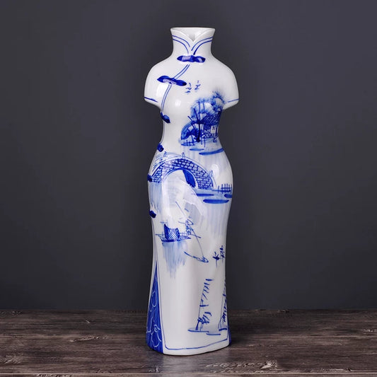 Hand-Painted Blue and White Porcelain Vase | Jingdezhen Qipao Lady Design