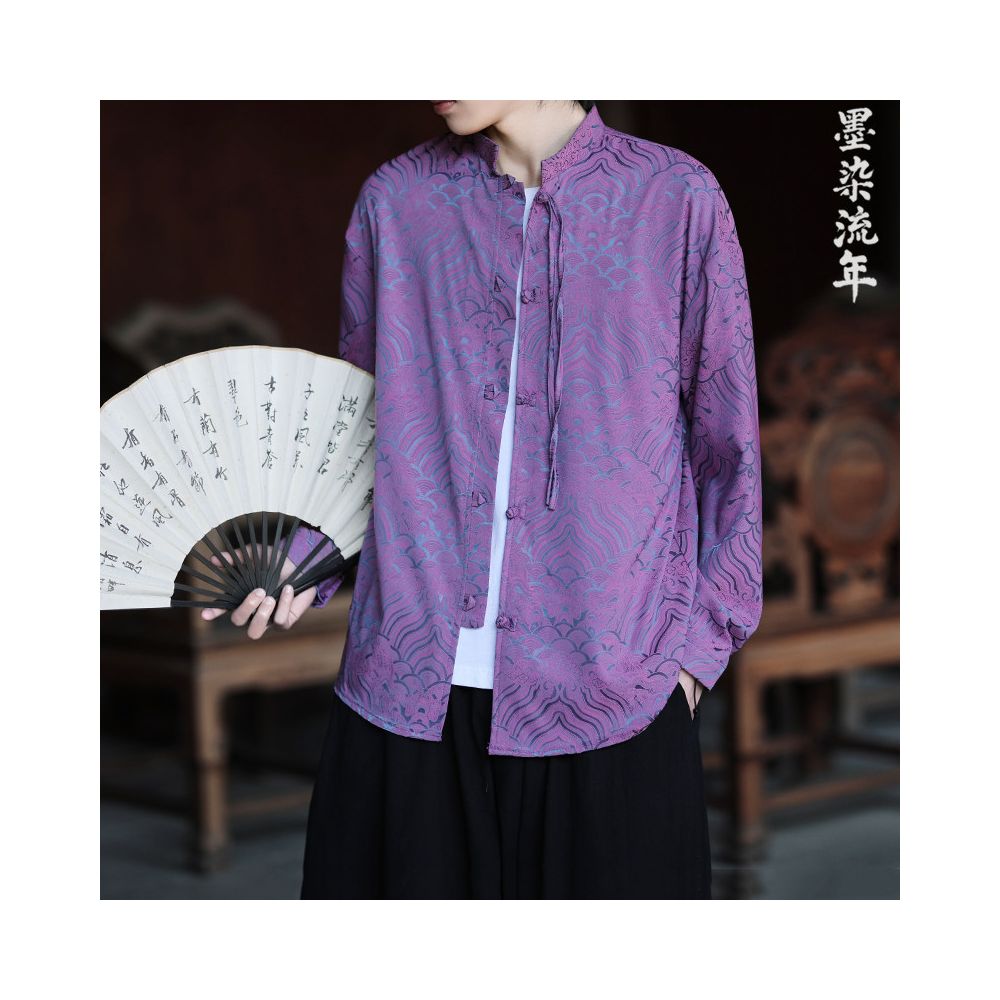 New Chinese Tang style men s Chinese style spring and summer ice silk long sleeved shirt retro plus size plate buckle jacquard men s shirt image 2