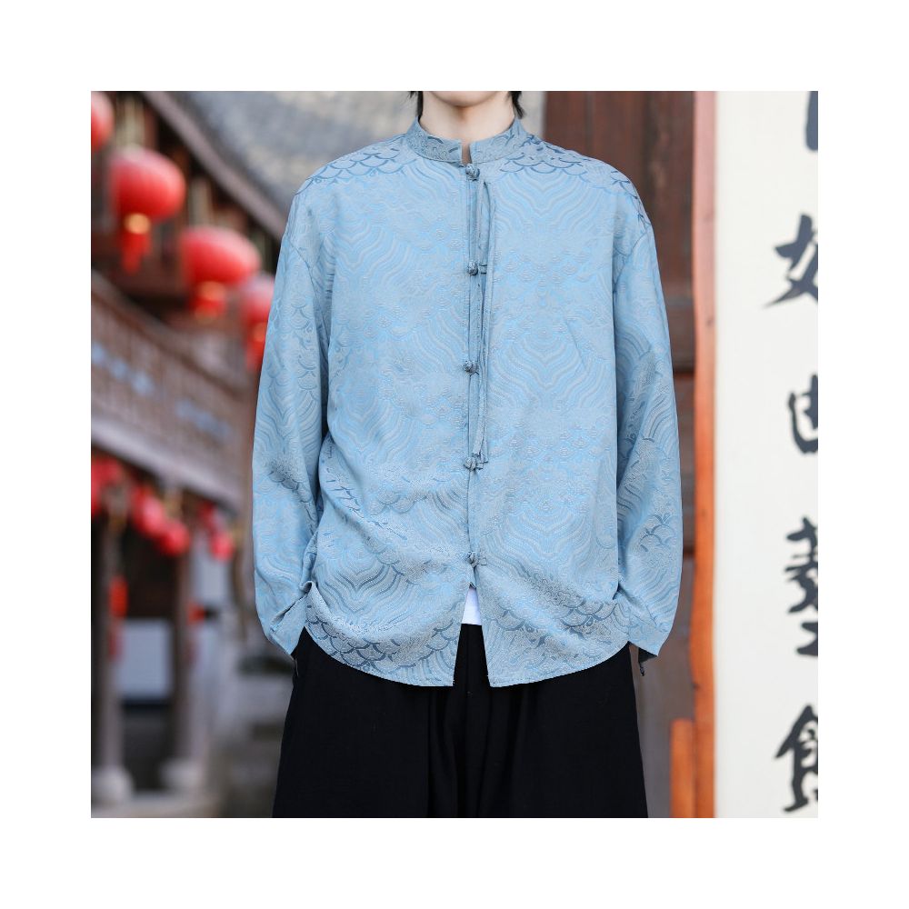 New Chinese Tang style men s Chinese style spring and summer ice silk long sleeved shirt retro plus size plate buckle jacquard men s shirt image 4