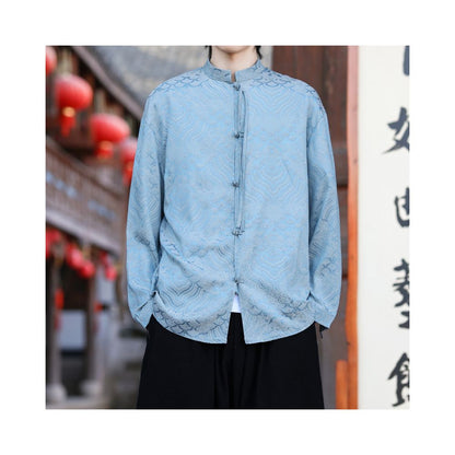 New Chinese Tang style men s Chinese style spring and summer ice silk long sleeved shirt retro plus size plate buckle jacquard men s shirt image 4