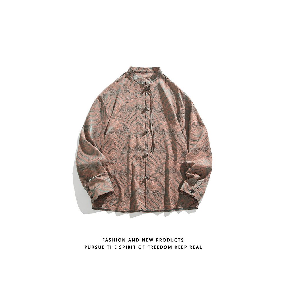 New Chinese Tang style men s Chinese style spring and summer ice silk long sleeved shirt retro plus size plate buckle jacquard men s shirt image 5