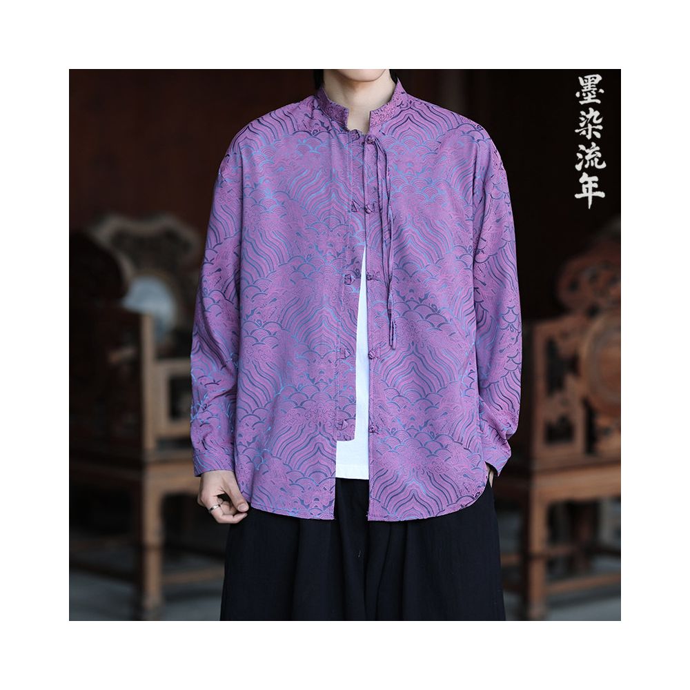 New Chinese Tang style men s Chinese style spring and summer ice silk long sleeved shirt retro plus size plate buckle jacquard men s shirt image 0