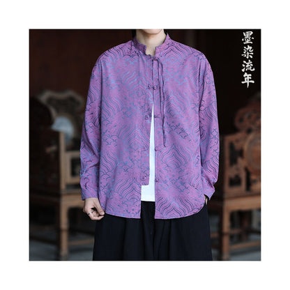 New Chinese Tang style men s Chinese style spring and summer ice silk long sleeved shirt retro plus size plate buckle jacquard men s shirt image 0