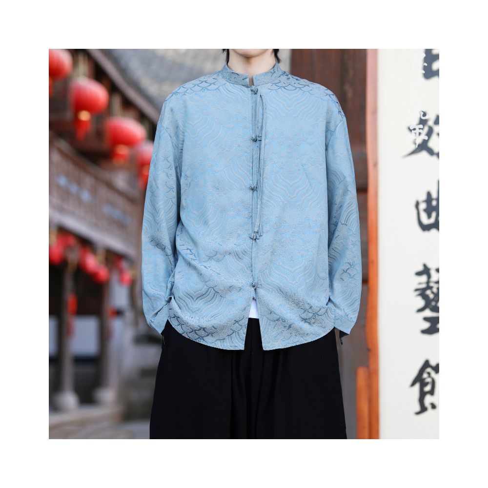 Men's Chinese Tang Style Shirt - Ice Silk Long Sleeve Jacquard Spring 2026