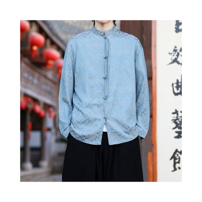 Men's Chinese Tang Style Shirt - Ice Silk Long Sleeve Jacquard Spring 2026