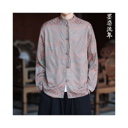 Men's Chinese Tang Style Shirt - Ice Silk Long Sleeve Jacquard Spring 2026