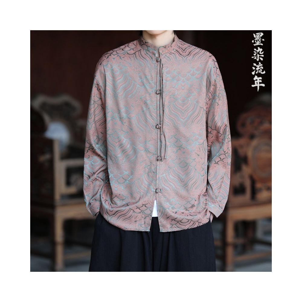 Men's Chinese Tang Style Shirt - Ice Silk Long Sleeve Jacquard Spring 2026