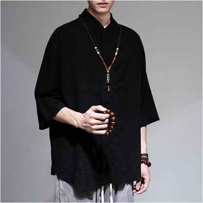 Chinese style jacquard linen shirt men s retro Tang style Hanfu cotton linen shirt casual loose half sleeved Zen style cardigan image 2