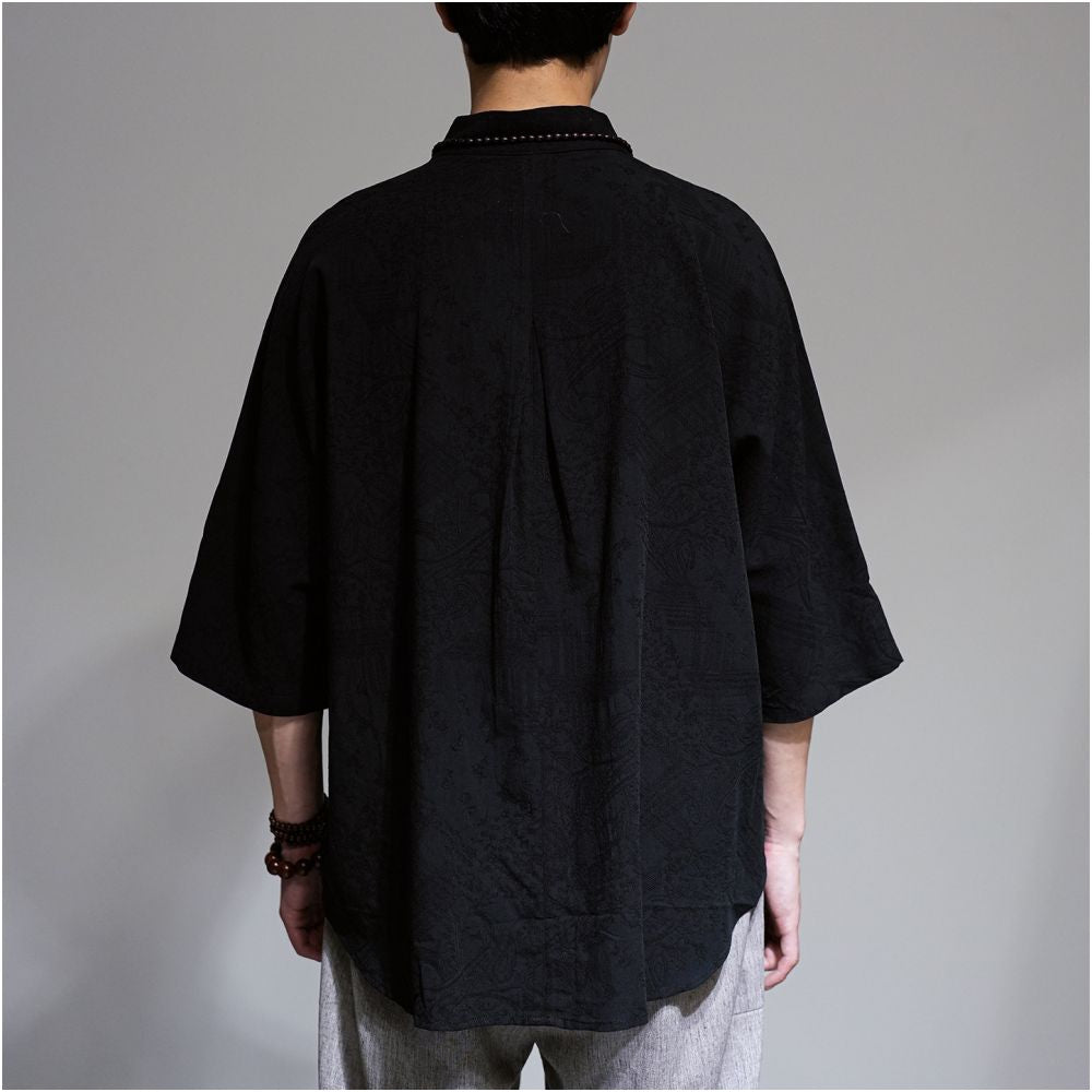 Chinese style jacquard linen shirt men s retro Tang style Hanfu cotton linen shirt casual loose half sleeved Zen style cardigan image 3