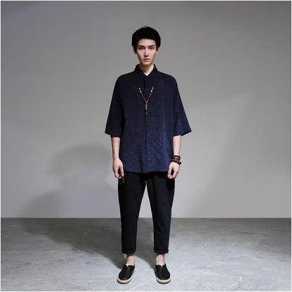 Chinese style jacquard linen shirt men s retro Tang style Hanfu cotton linen shirt casual loose half sleeved Zen style cardigan image 4
