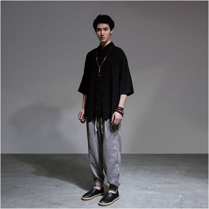 Chinese style jacquard linen shirt men s retro Tang style Hanfu cotton linen shirt casual loose half sleeved Zen style cardigan image 5