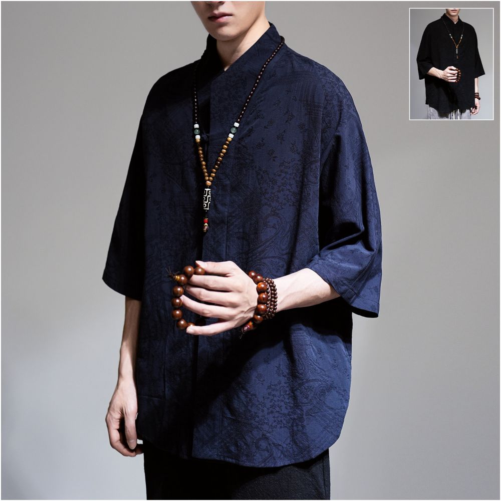 Chinese style jacquard linen shirt men s retro Tang style Hanfu cotton linen shirt casual loose half sleeved Zen style cardigan image 0