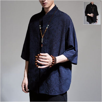 Chinese style jacquard linen shirt men s retro Tang style Hanfu cotton linen shirt casual loose half sleeved Zen style cardigan image 0