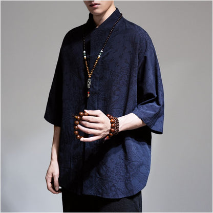 Men's Cotton Linen Shirt - Chinese Zen Style Jacquard Half-Sleeve Summer 2026