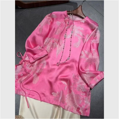 Women's Pink Jacquard Tang Style Shirt - Chinese Luxury Long Sleeve Top Fall 2025