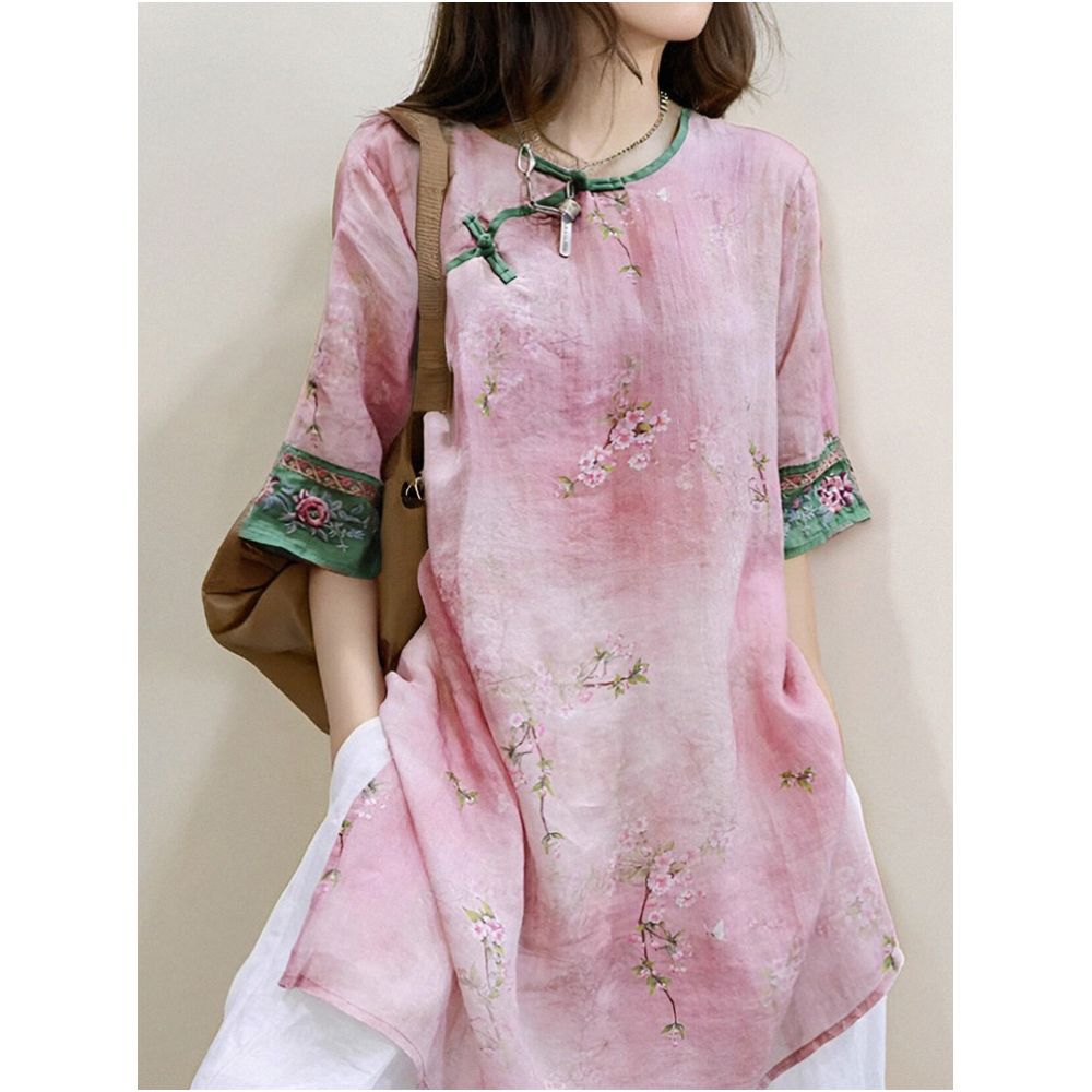 2024 Chinese style retro embroidered ramie top for women s summer new design with improved Chinese style buckle and slanted placket tea suit image 2