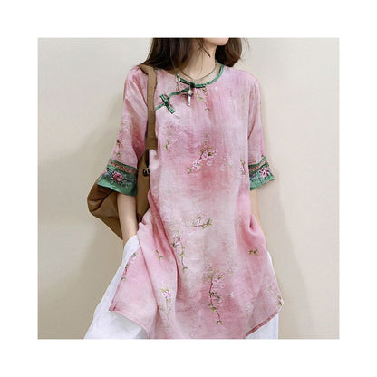 Women's Embroidered Ramie Top - Chinese Style Slanted Placket Tea Suit Summer 2024