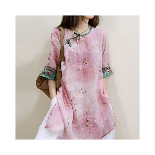 Women's Embroidered Ramie Top - Chinese Style Slanted Placket Tea Suit Summer 2024