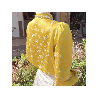 2025 early spring new Chinese style women s clothing Chinese style Tang style bamboo patterned jacquard shirt high end retro slanted collar small stand up collar top image 2