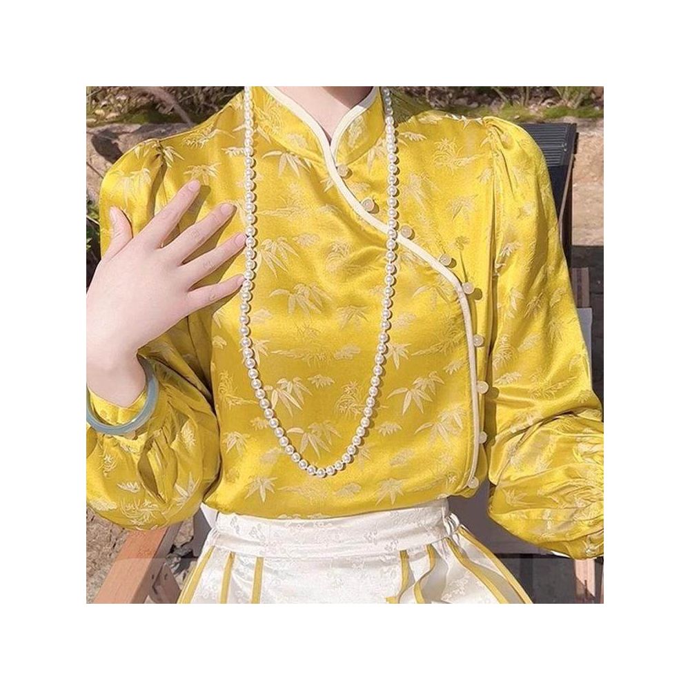 2025 early spring new Chinese style women s clothing Chinese style Tang style bamboo patterned jacquard shirt high end retro slanted collar small stand up collar top image 3