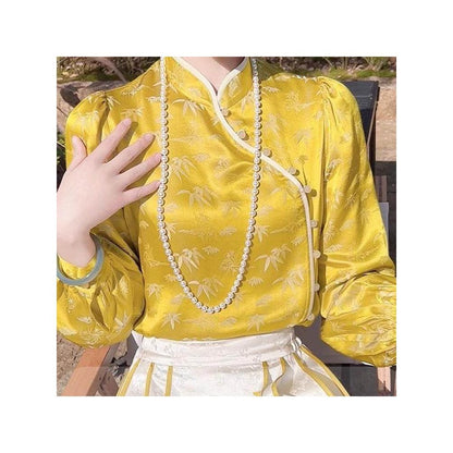 2025 early spring new Chinese style women s clothing Chinese style Tang style bamboo patterned jacquard shirt high end retro slanted collar small stand up collar top image 3