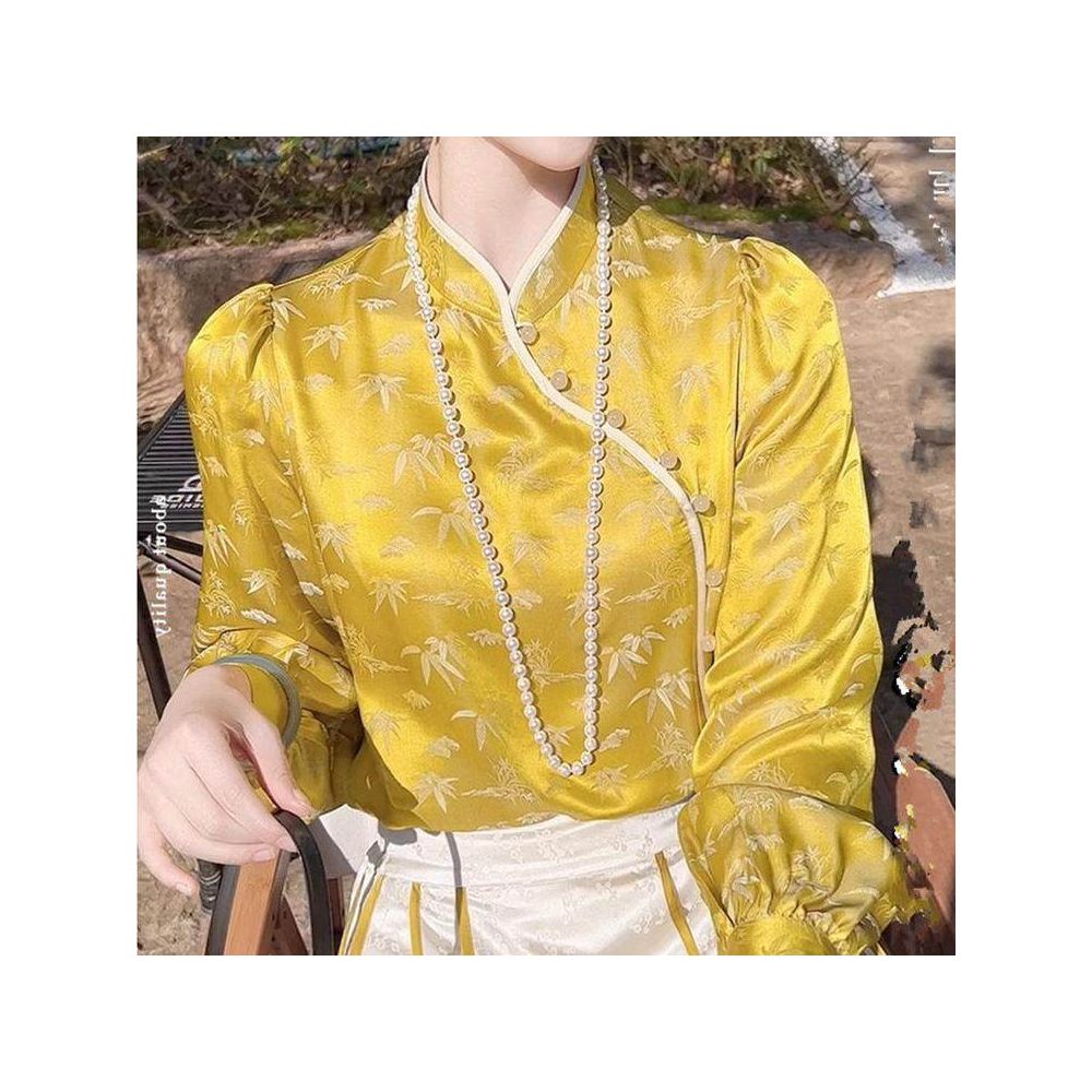 2025 early spring new Chinese style women s clothing Chinese style Tang style bamboo patterned jacquard shirt high end retro slanted collar small stand up collar top image 4