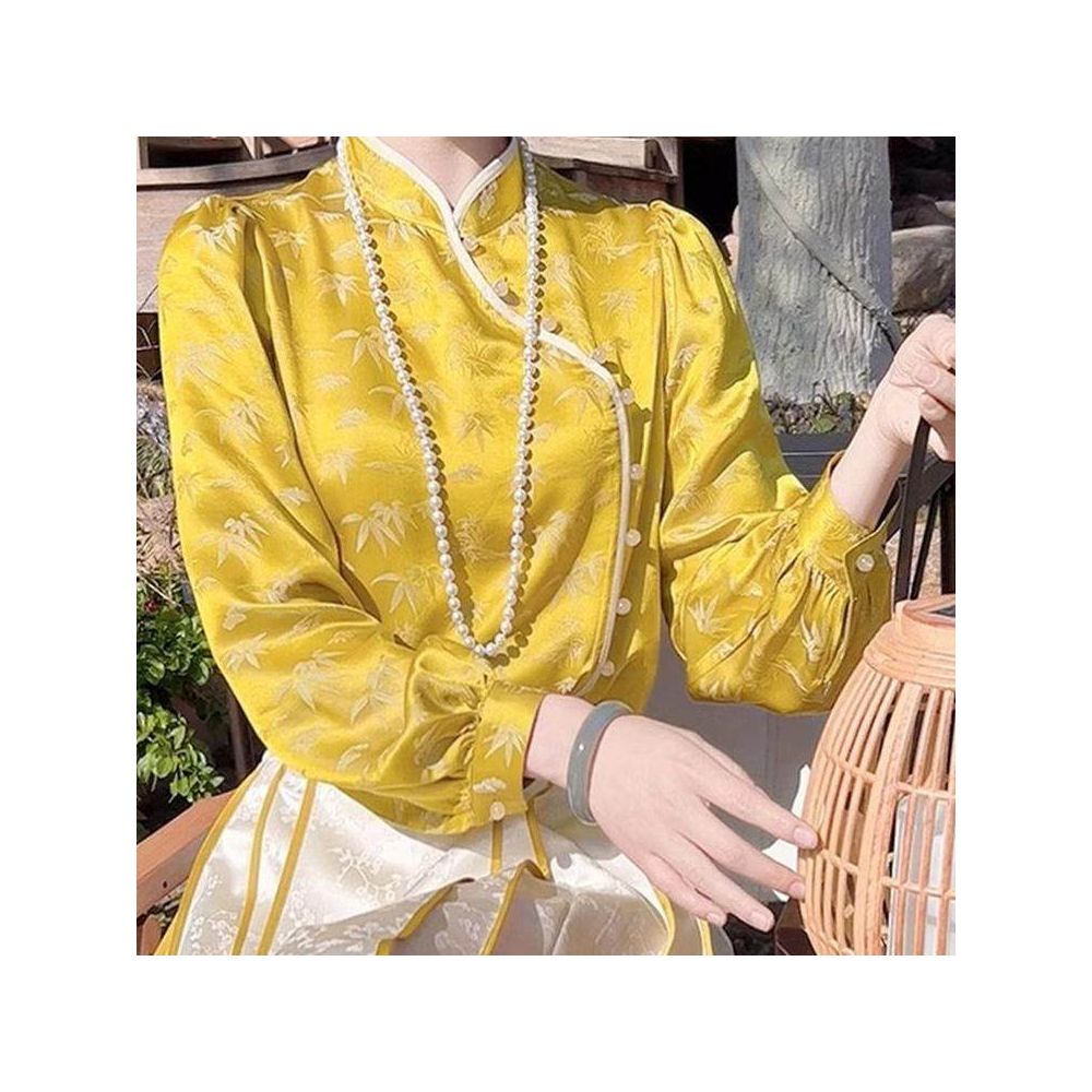 2025 early spring new Chinese style women s clothing Chinese style Tang style bamboo patterned jacquard shirt high end retro slanted collar small stand up collar top image 5