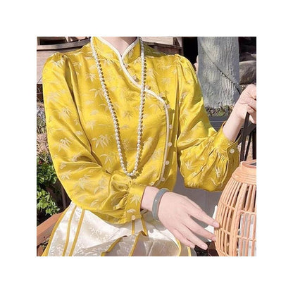 2025 early spring new Chinese style women s clothing Chinese style Tang style bamboo patterned jacquard shirt high end retro slanted collar small stand up collar top image 5