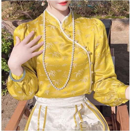Women's Bamboo Jacquard Tang Shirt - Chinese Style Stand Collar Top Spring 2025