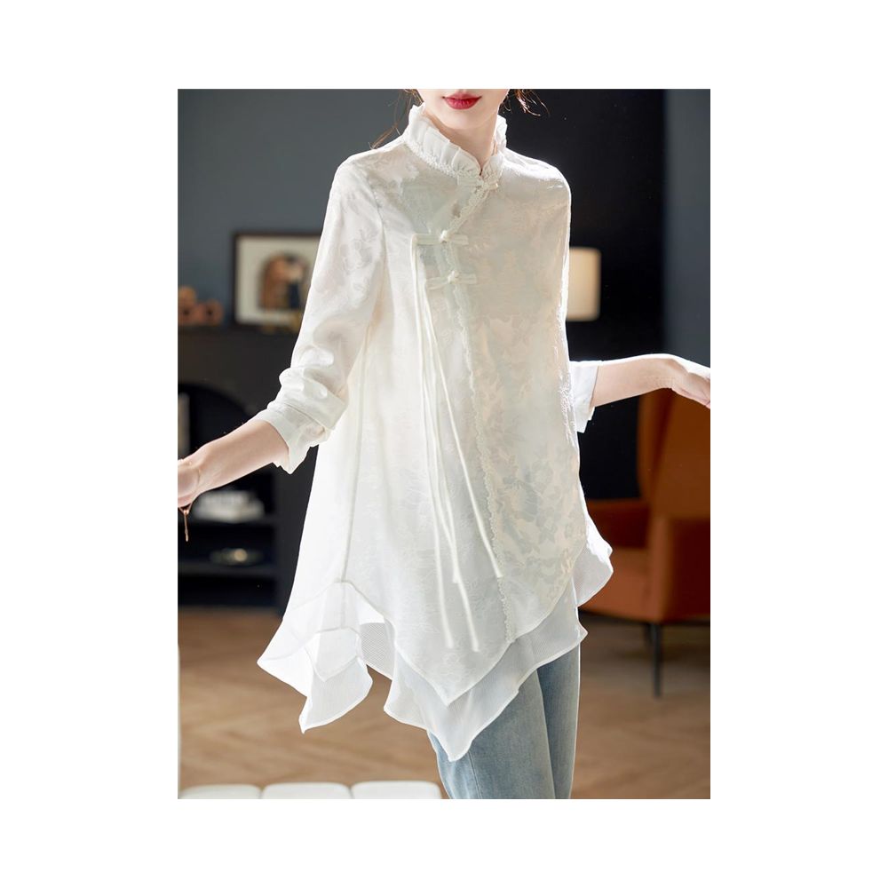 National style new Chinese jacquard button down shirt 2025 spring and summer new Chinese design sense irregular long sleeved chiffon shirt image 1