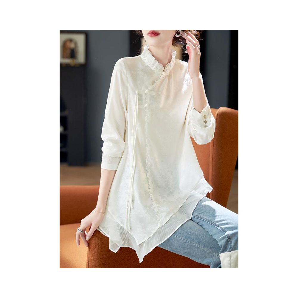 National style new Chinese jacquard button down shirt 2025 spring and summer new Chinese design sense irregular long sleeved chiffon shirt image 2