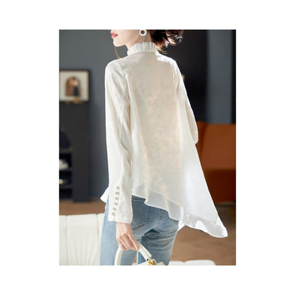 National style new Chinese jacquard button down shirt 2025 spring and summer new Chinese design sense irregular long sleeved chiffon shirt image 3