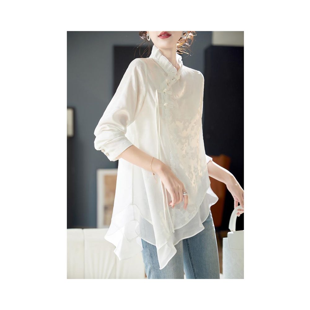 National style new Chinese jacquard button down shirt 2025 spring and summer new Chinese design sense irregular long sleeved chiffon shirt image 4
