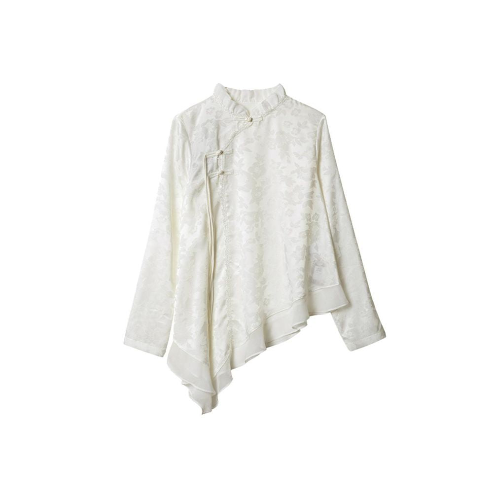 National style new Chinese jacquard button down shirt 2025 spring and summer new Chinese design sense irregular long sleeved chiffon shirt image 5