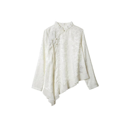 National style new Chinese jacquard button down shirt 2025 spring and summer new Chinese design sense irregular long sleeved chiffon shirt image 5