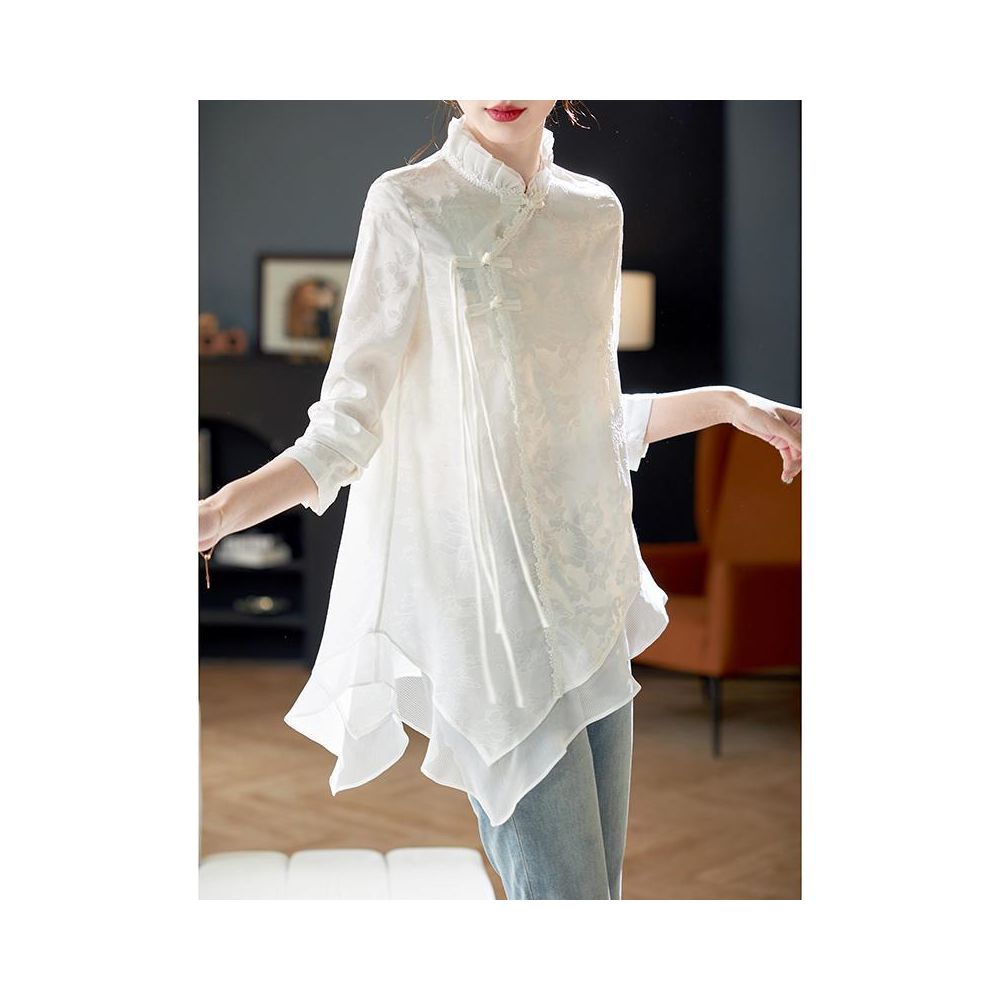 Women's Chinese Jacquard Chiffon Shirt - Irregular Design Stand Collar Spring 2025