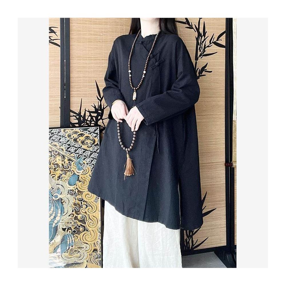 Jinmuge Cotton and Hemp Women s Clothing New Chinese Hanfu Pan Button Shirt Tang style Top Buddhist Zen Chinese Style Tea Clothes image 3