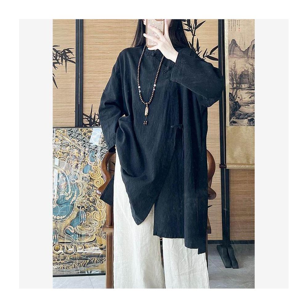 Jinmuge Cotton and Hemp Women s Clothing New Chinese Hanfu Pan Button Shirt Tang style Top Buddhist Zen Chinese Style Tea Clothes image 4